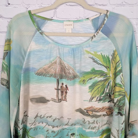 Chico's Blouse Womens Size 1 Blue Polyester Sheer Chiffon Sleeve Beach Vacation - Picture 2 of 12